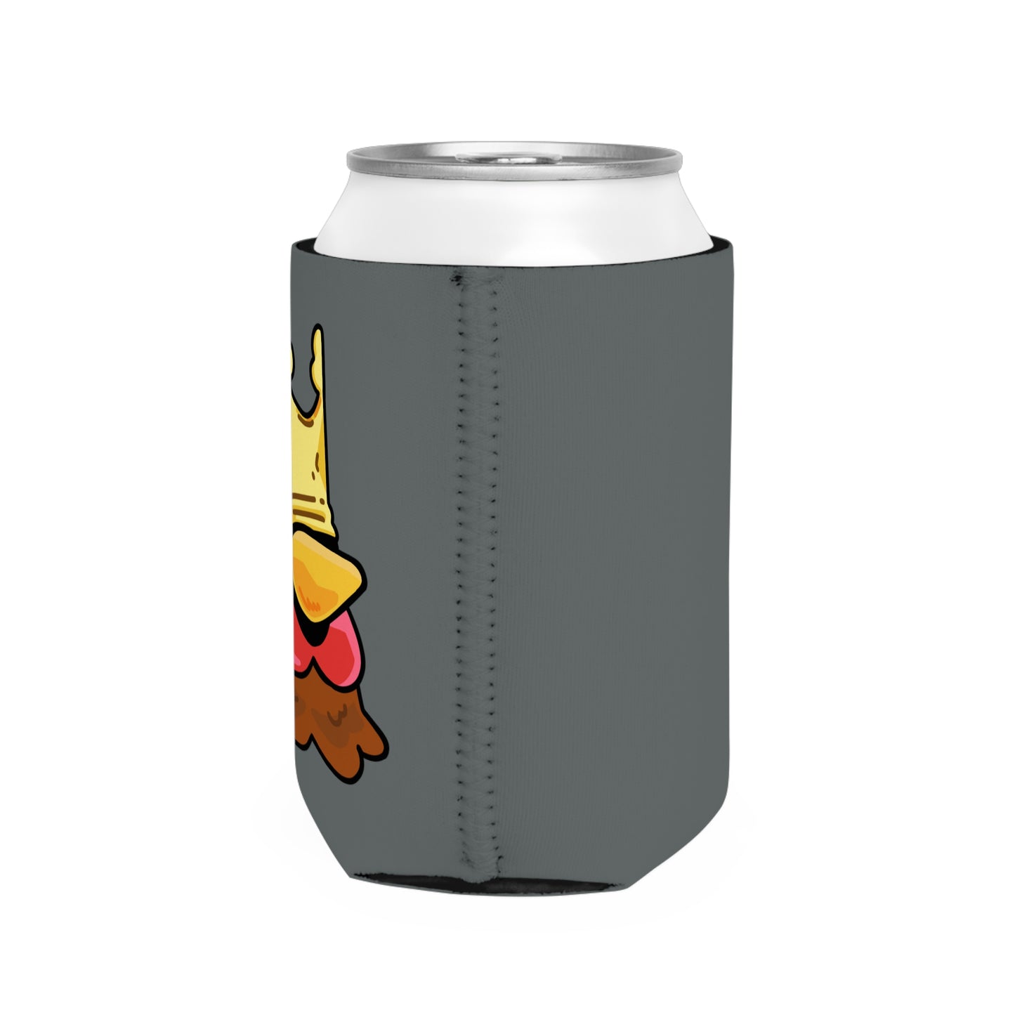 Dark Grey Can Cooler Sleeve Fan Art COQ INU Crown Head 0x420 White Text by Gravy