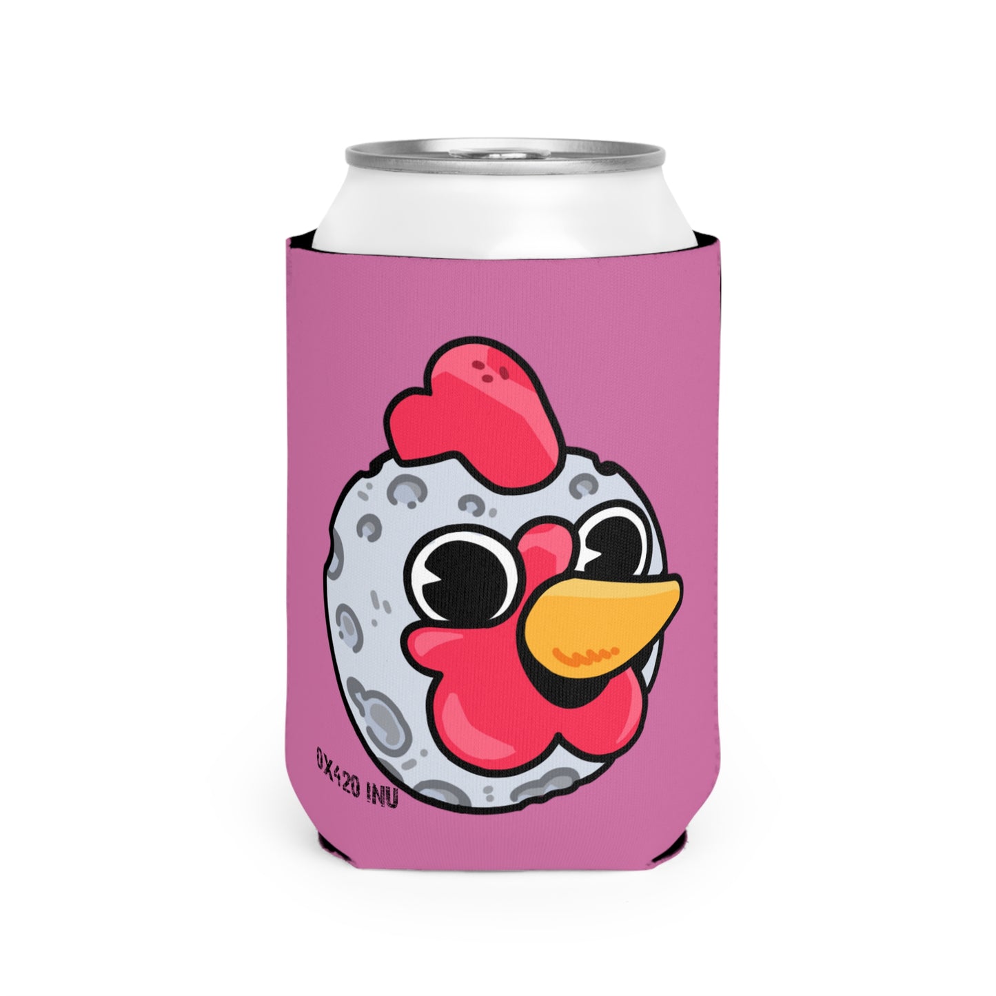 Pink Can Cooler Sleeve Fan Art COQ INU Moon Head 0x420 Black Text by Gravy