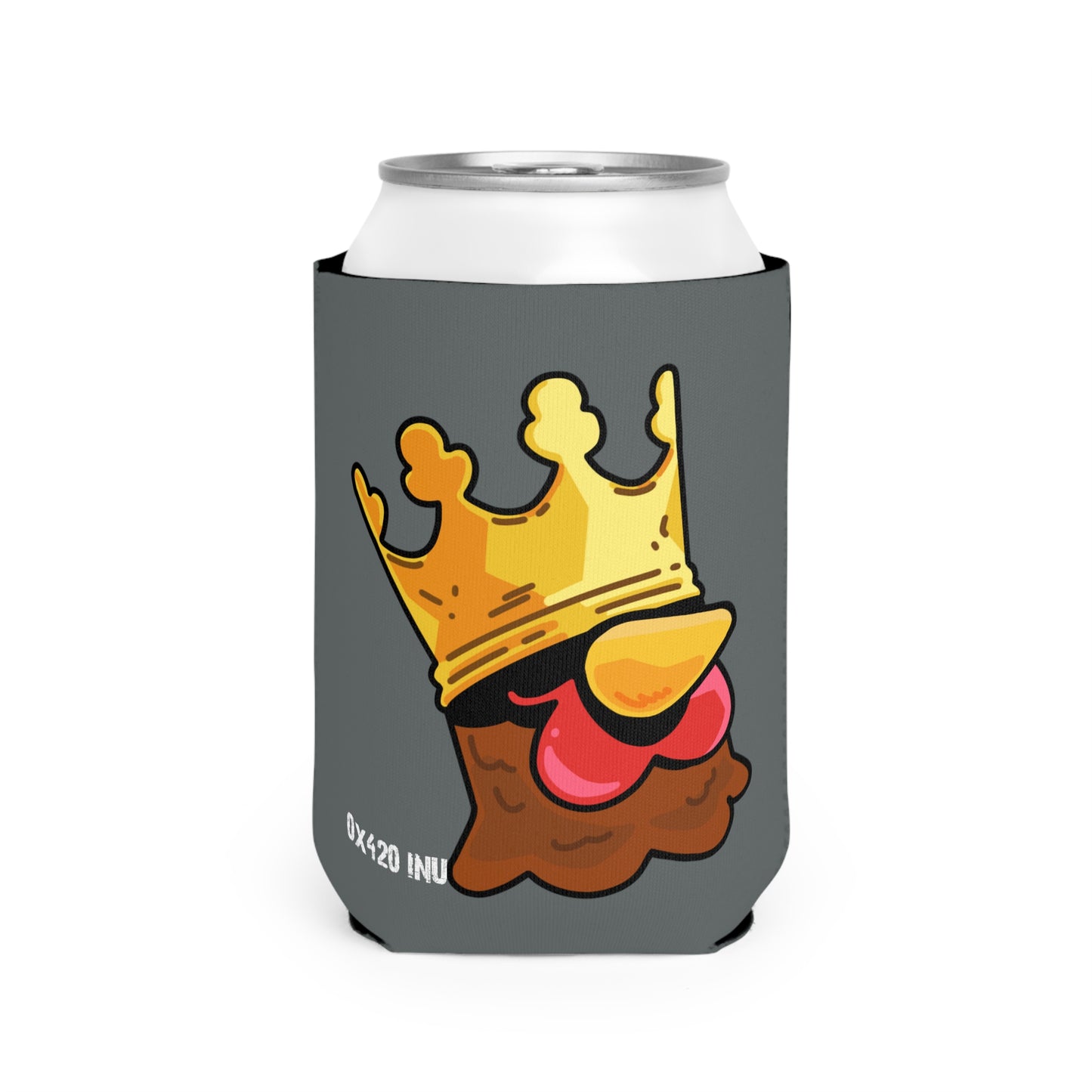 Dark Grey Can Cooler Sleeve Fan Art COQ INU Crown Head 0x420 White Text by Gravy