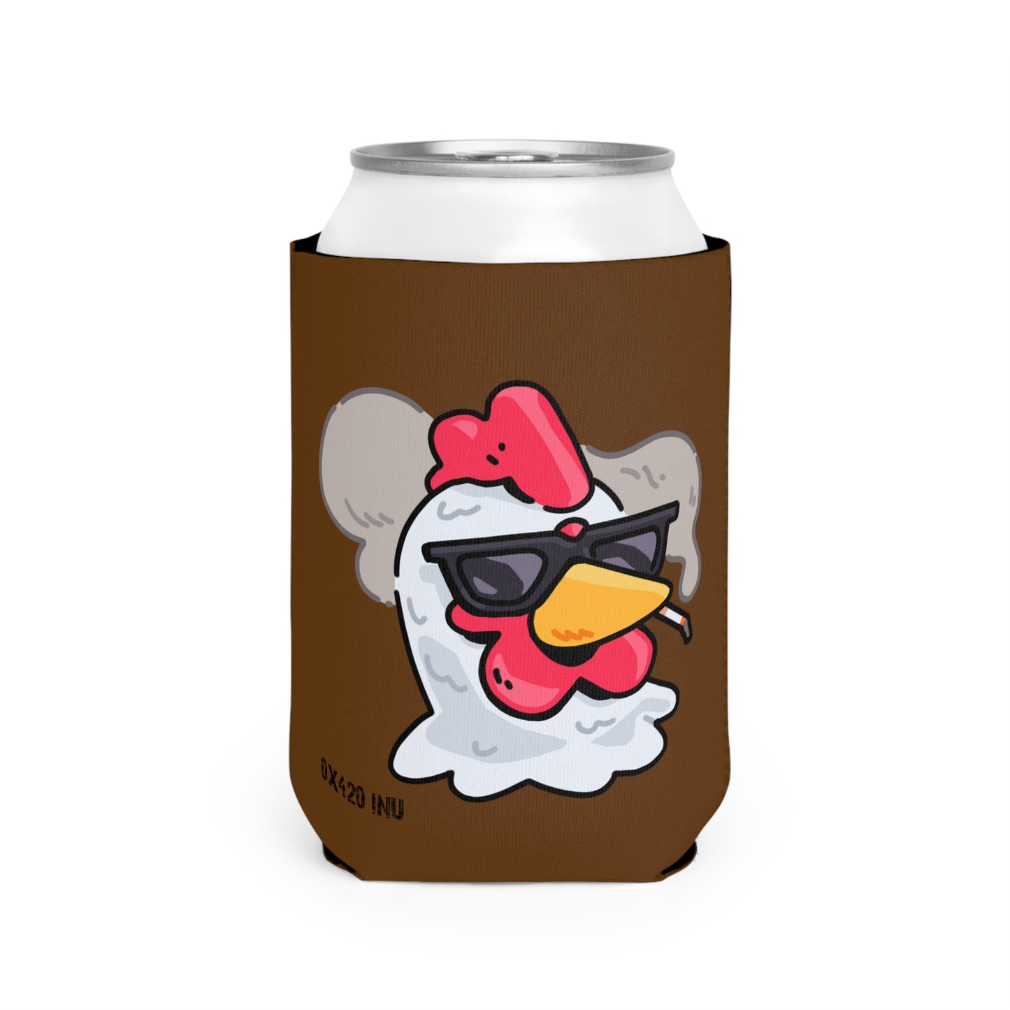 Brown Can Cooler Sleeve Fan Art COQ INU Smoking Head 0x420 Black Text by Gravy