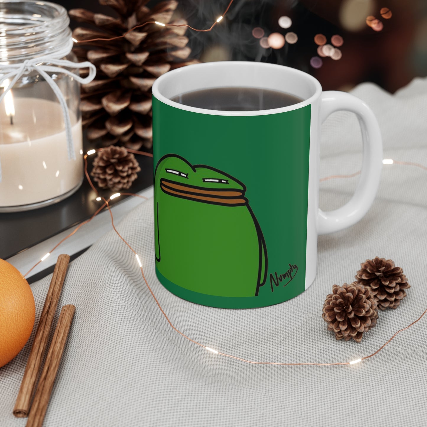 Pepe Portraits with Black Numpty Signature as Text; COQ INU 0x420 Hot Green Ceramic Mug 11oz #14 by Numpty