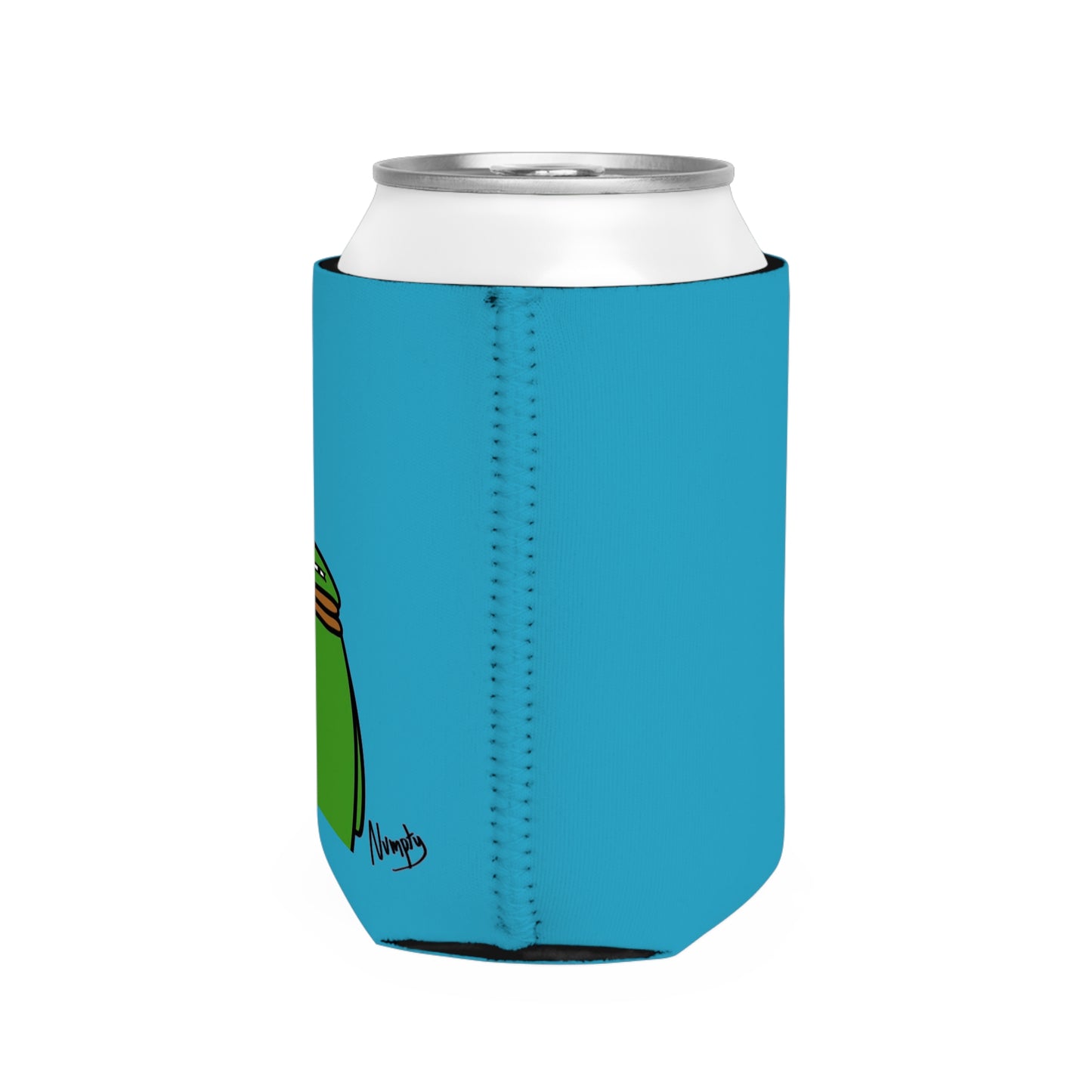 Turquoise Can Cooler Sleeve COQ INU Pepe Portraits 0x420 Black Text Numpty Signature #14 by Numpty