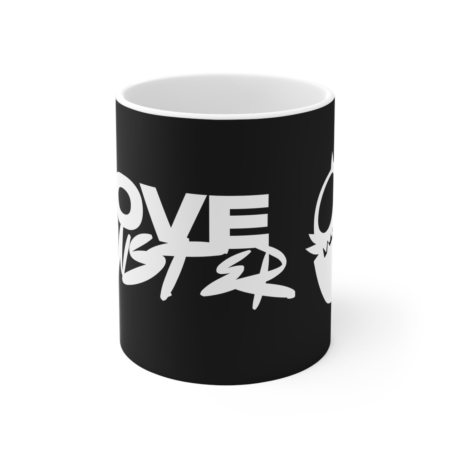 Love Monster Ceramic Mug White Text & White Logo Print 11oz