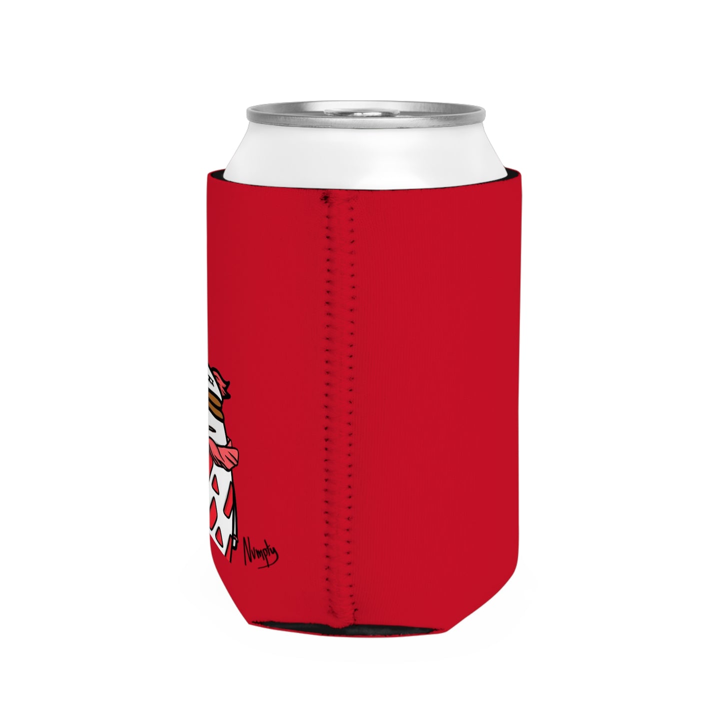 Red Can Cooler Sleeve COQ INU Pepe Portraits 0x420 Black Text Numpty Signature #Clown by Numpty