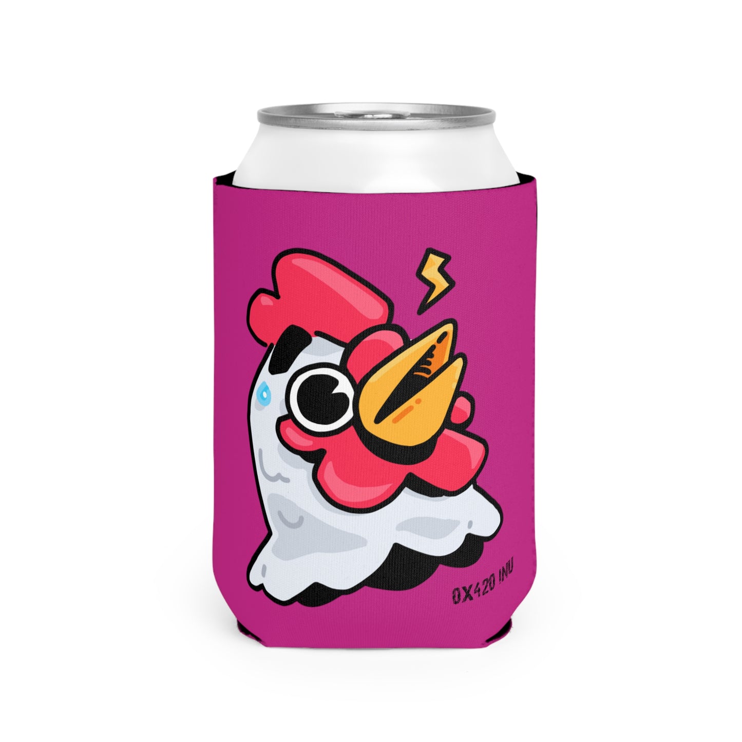 Hot Pink Can Cooler Sleeve Fan Art COQ INU Whistle Head 0x420 Black Text by Gravy