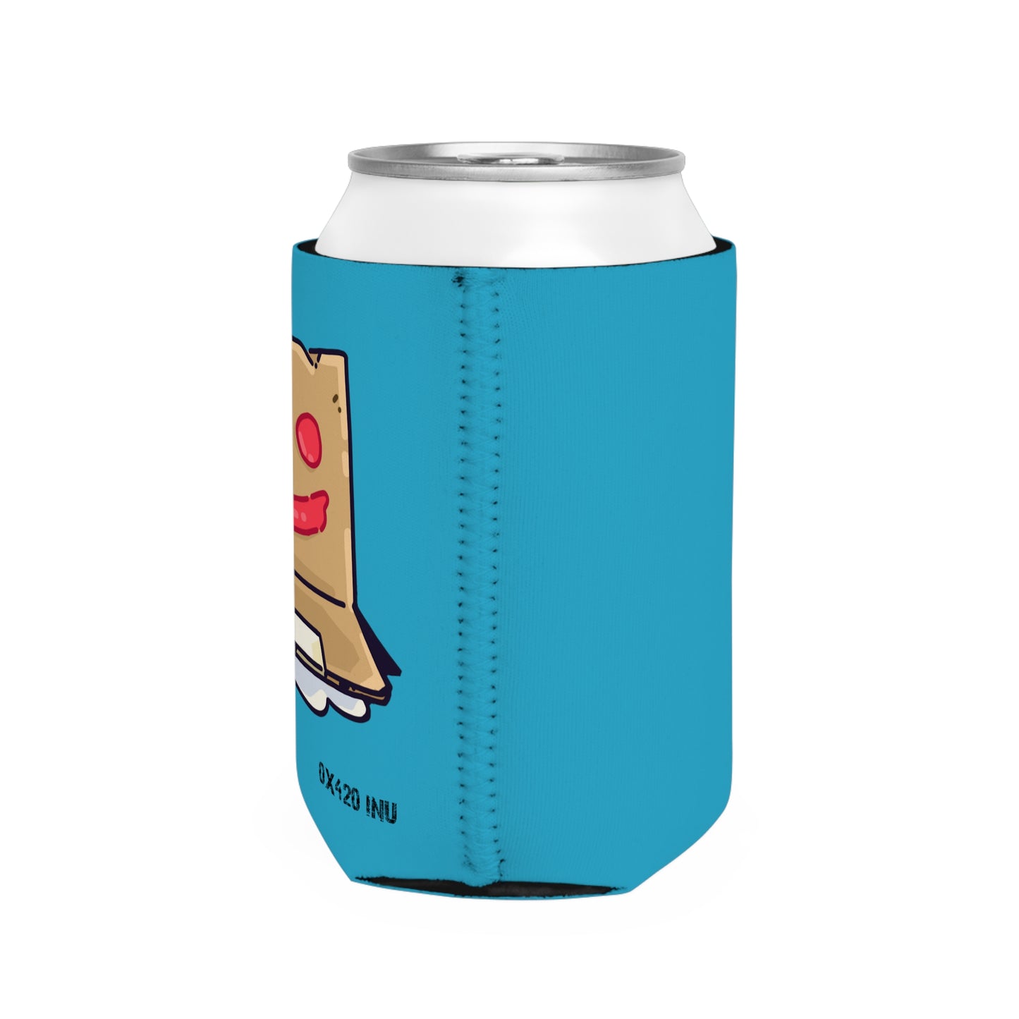 Turquoise Can Cooler Sleeve Fan Art COQ INU Box Head 0x420 Black Text by Gravy