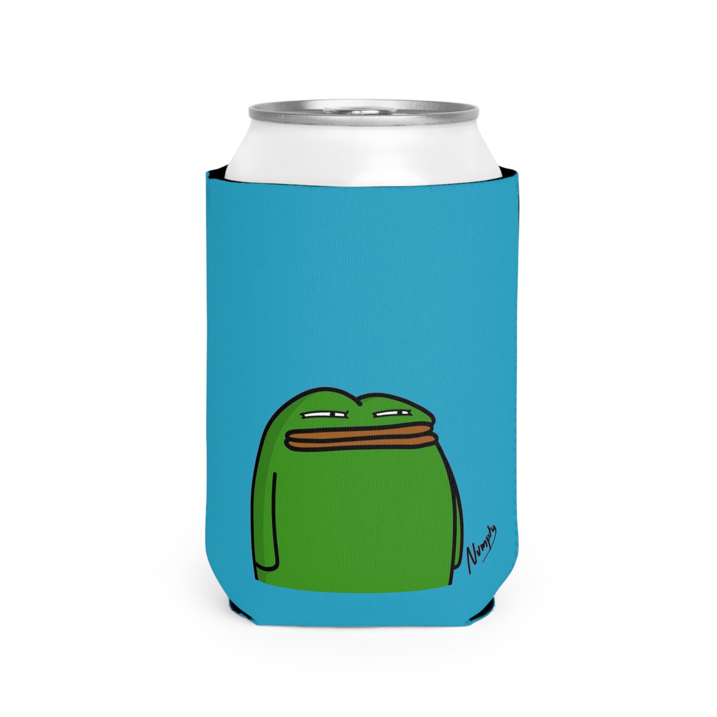 Turquoise Can Cooler Sleeve COQ INU Pepe Portraits 0x420 Black Text Numpty Signature #14 by Numpty