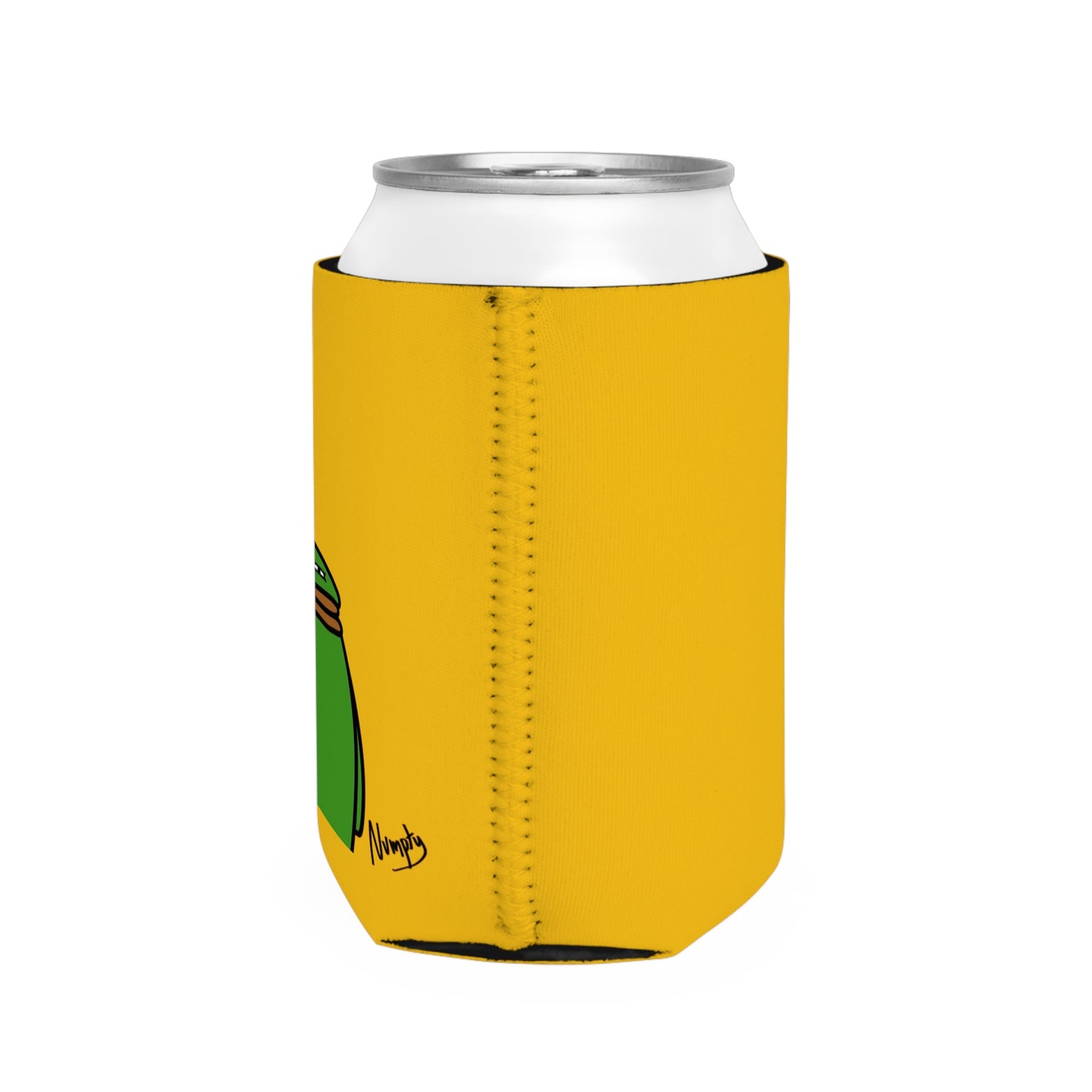 Yellow Can Cooler Sleeve COQ INU Pepe Portraits 0x420 Black Text Numpty Signature #14 by Numpty