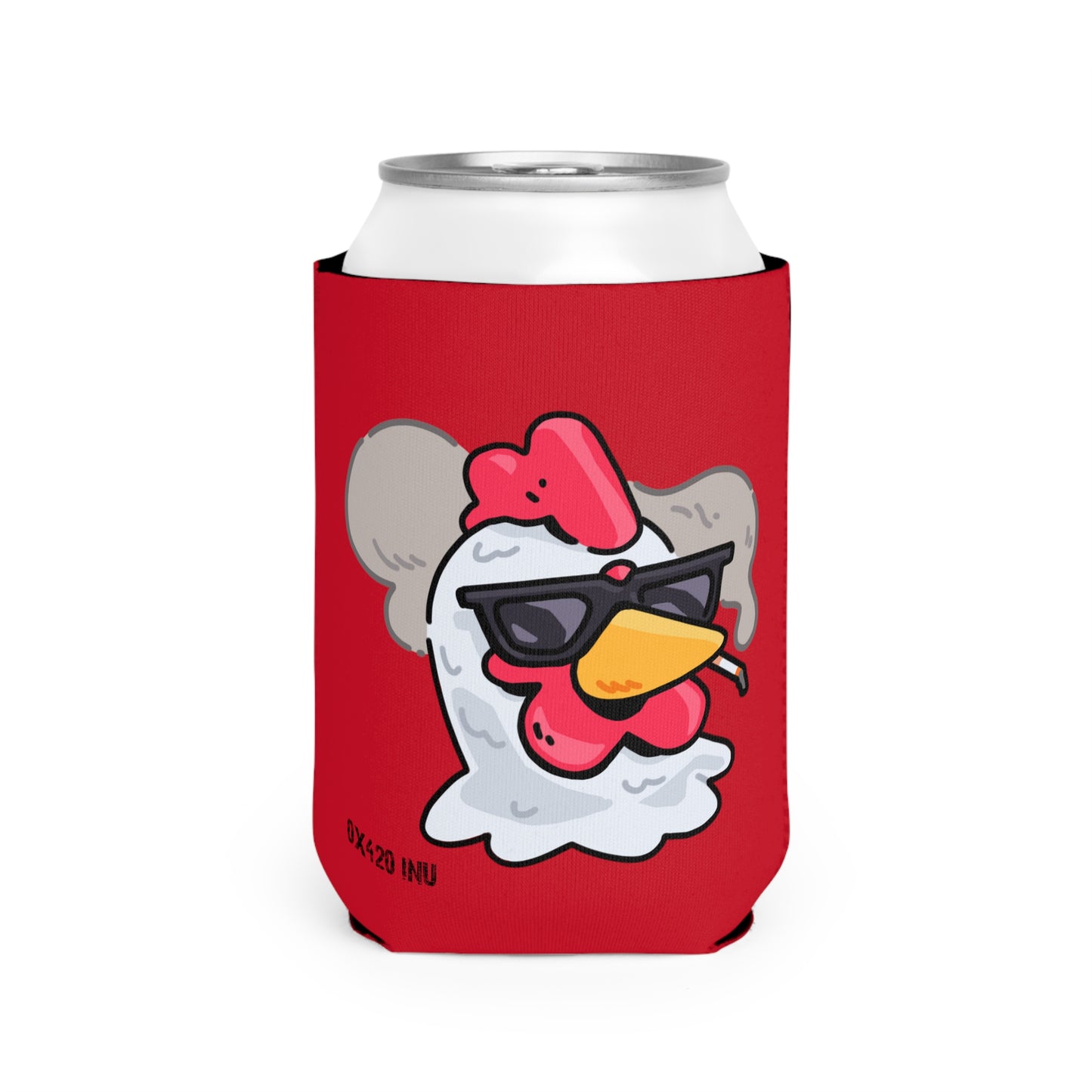 Red Can Cooler Sleeve Fan Art COQ INU Smoking Head 0x420 Black Text by Gravy