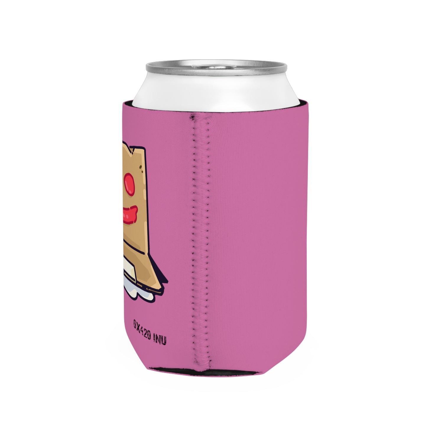 Pink Can Cooler Sleeve Fan Art COQ INU Box Head 0x420 Black Text by Gravy