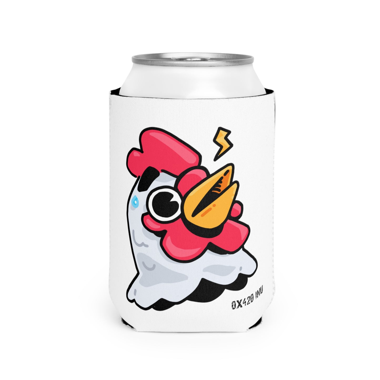 White Can Cooler Sleeve Fan Art COQ INU Whistle Head 0x420 Black Text by Gravy