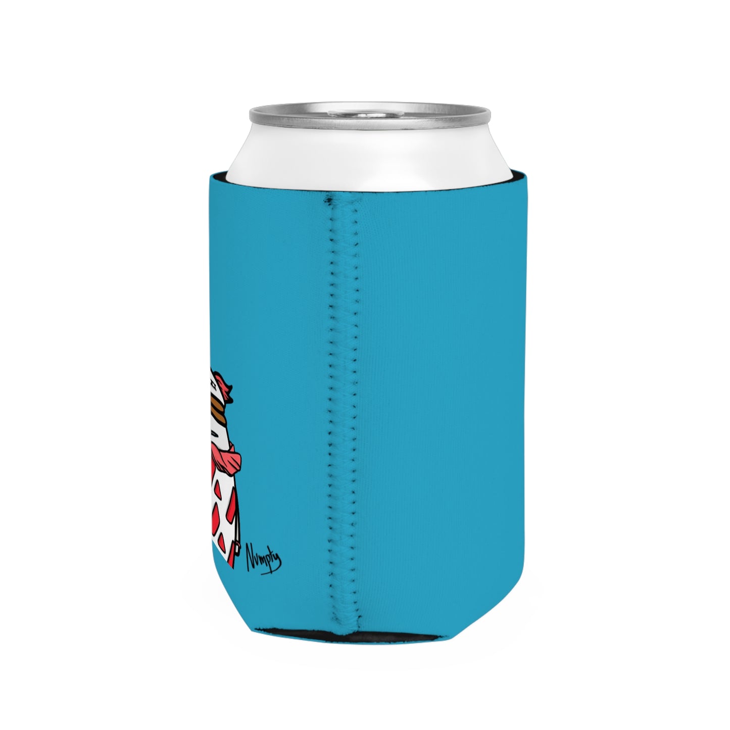 Turquoise Can Cooler Sleeve COQ INU Pepe Portraits 0x420 Black Text Numpty Signature #Clown by Numpty