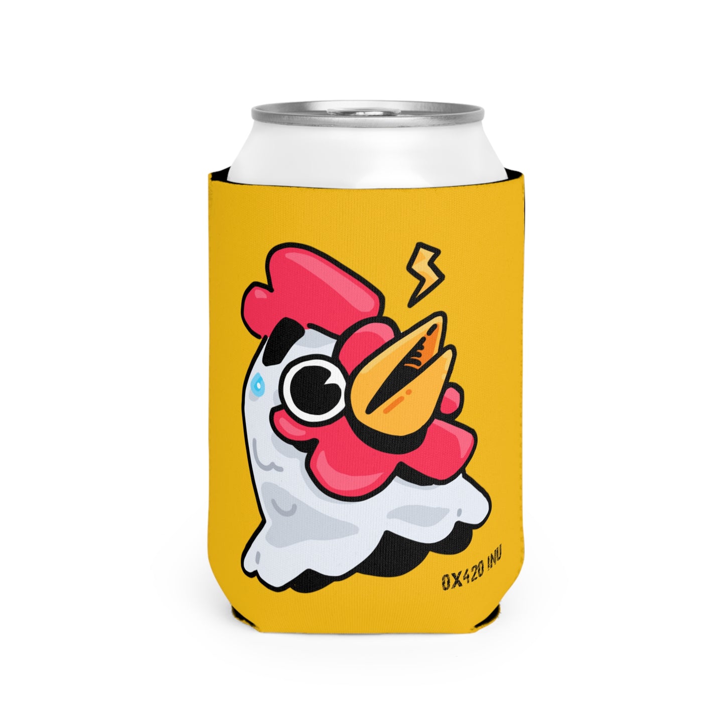 Yellow Can Cooler Sleeve Fan Art COQ INU Whistle Head 0x420 Black Text by Gravy