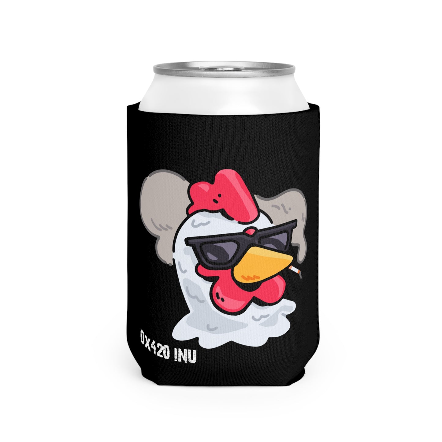 Black Can Cooler Sleeve Fan Art COQ INU Smoking Head 0x420 White Text by Gravy