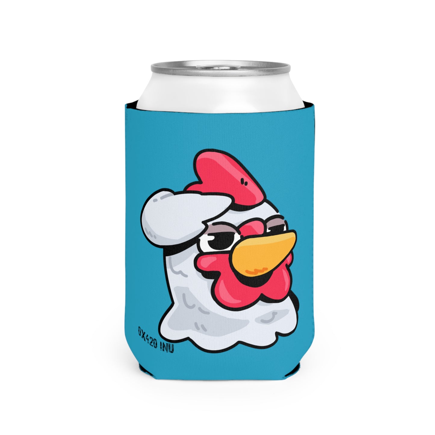 Turquoise Can Cooler Sleeve Fan Art COQ INU Salute Head 0x420 Black Text by Gravy