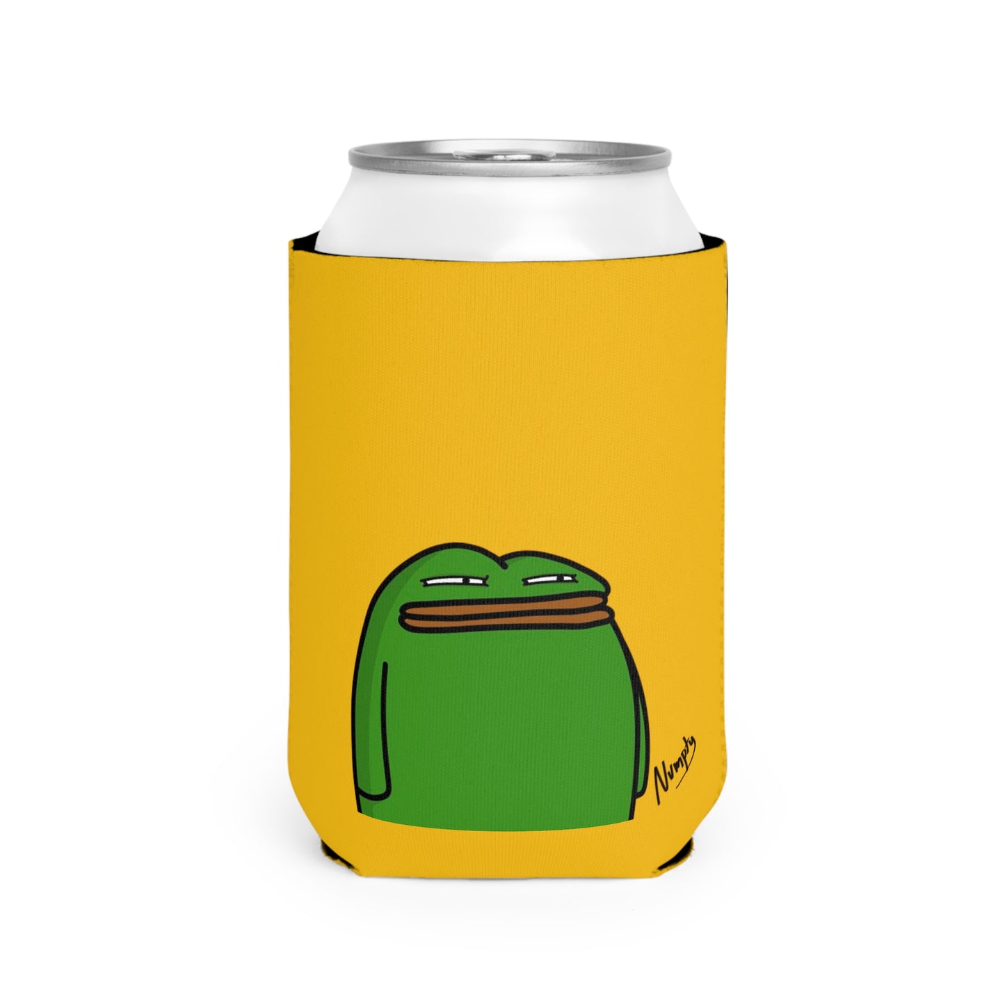 Yellow Can Cooler Sleeve COQ INU Pepe Portraits 0x420 Black Text Numpty Signature #14 by Numpty