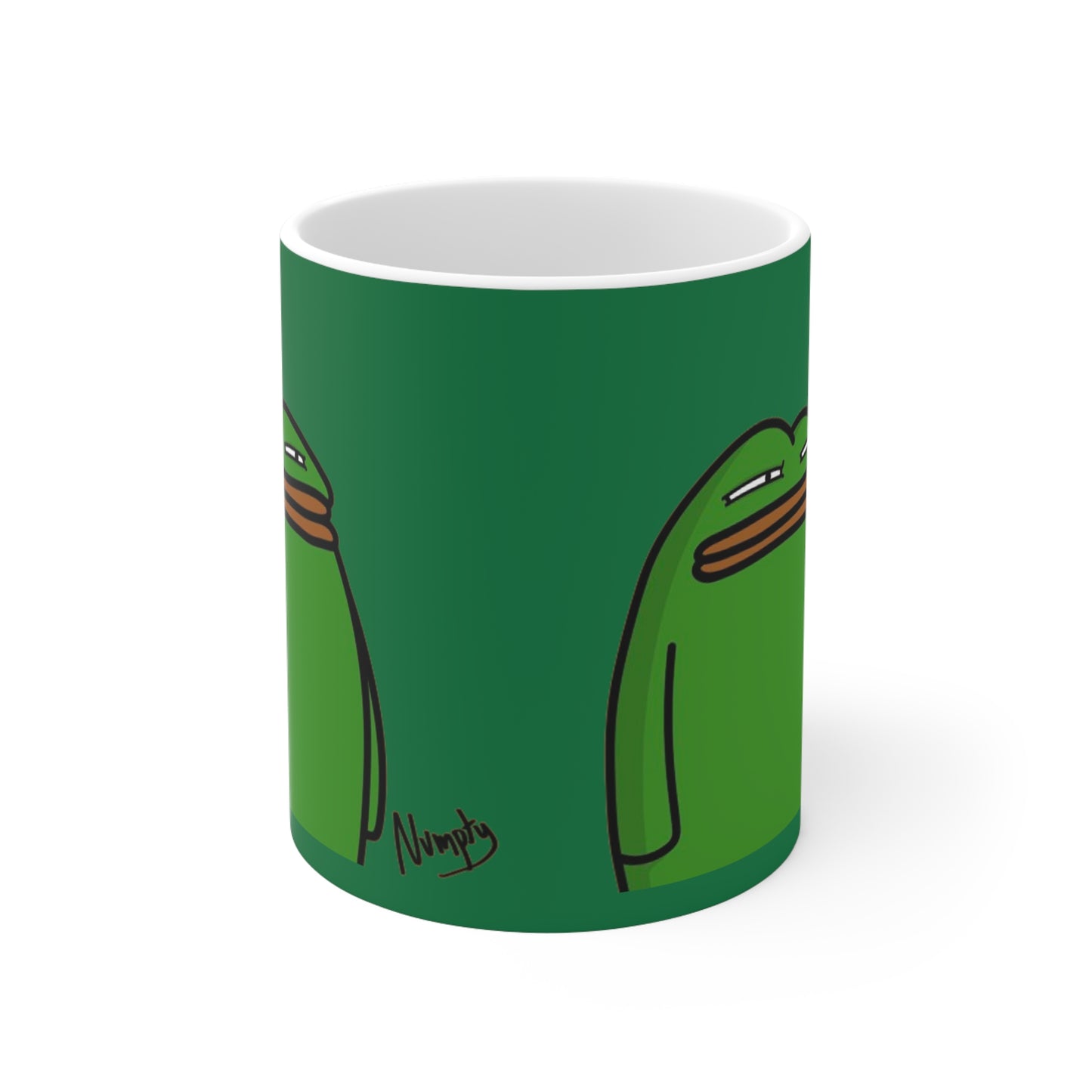 Pepe Portraits with Black Numpty Signature as Text; COQ INU 0x420 Hot Green Ceramic Mug 11oz #14 by Numpty