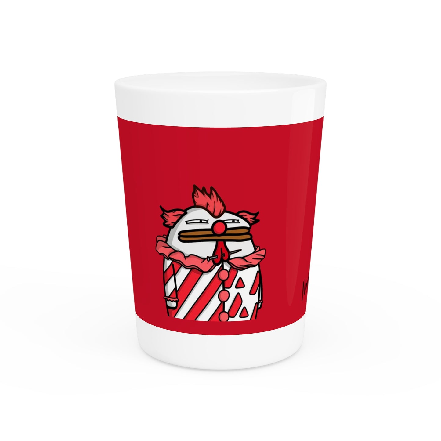 Pepe Portraits Shot Glass on Red background with Black Numpty Text as signature (0x420 INU Store) #Clown by Numpty