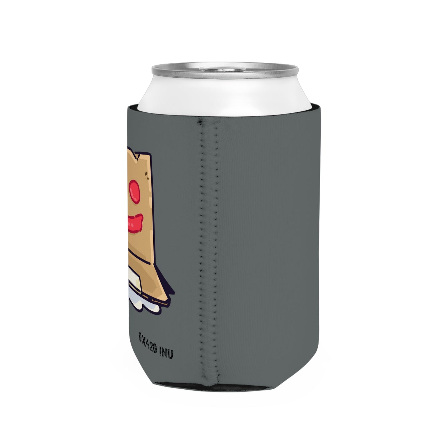 Dark Grey Can Cooler Sleeve Fan Art COQ INU Box Head 0x420 Black Text by Gravy