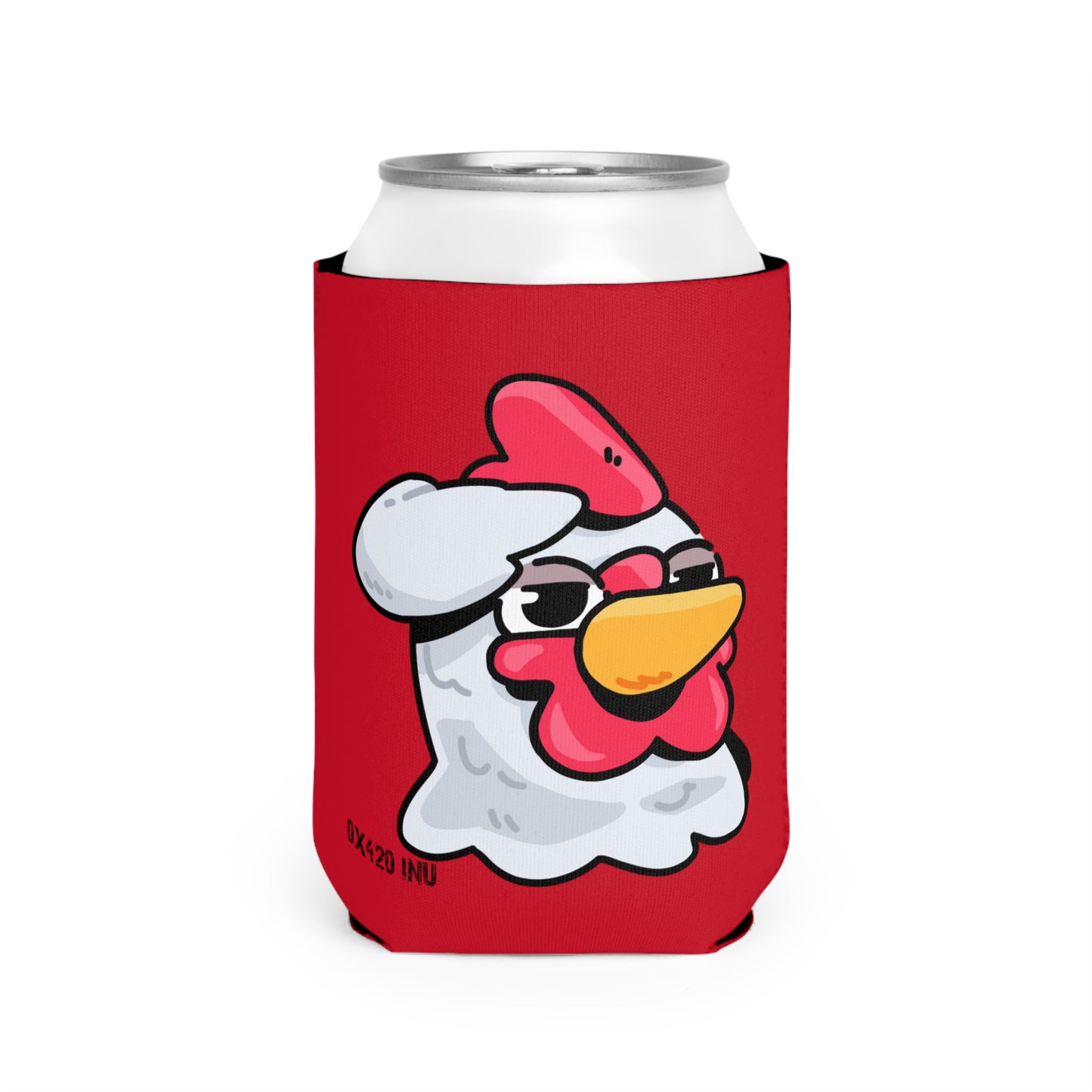 Red Can Cooler Sleeve Fan Art COQ INU Salute Head 0x420 Black Text by Gravy