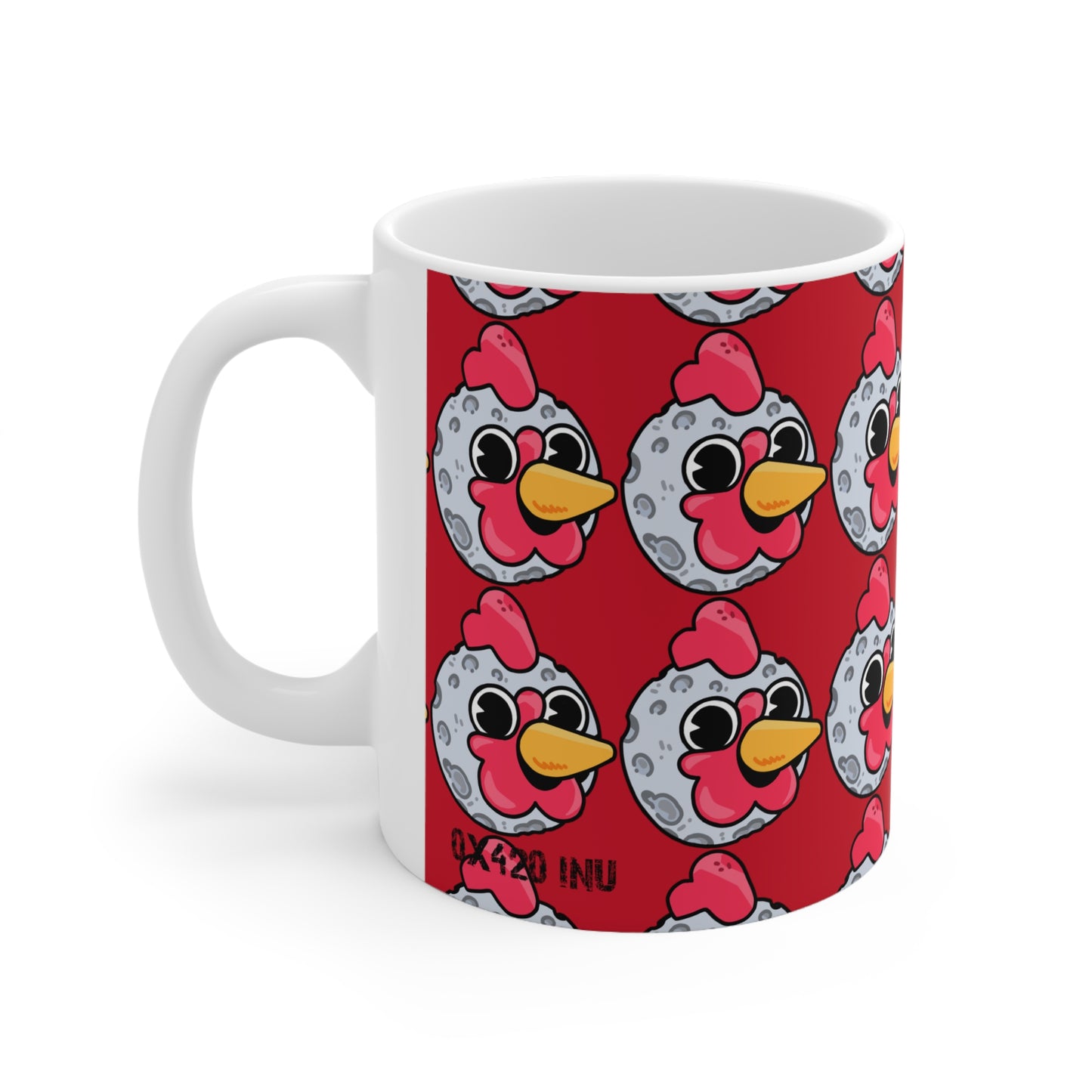 Moon Head Gravy Fan Art with Black Text; COQ INU 0x420 White Ceramic Mug with Red Print 11oz