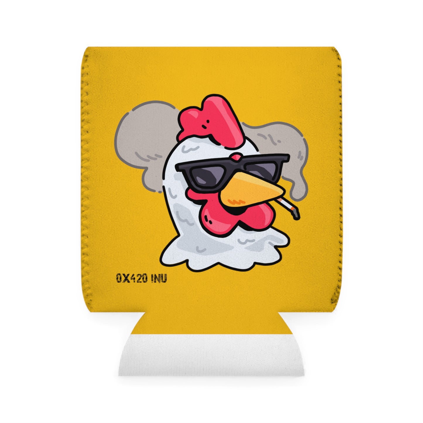 Yellow Can Cooler Sleeve Fan Art COQ INU Smoking Head 0x420 Black Text by Gravy