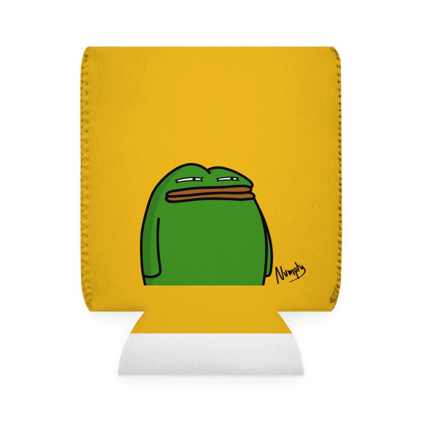 Yellow Can Cooler Sleeve COQ INU Pepe Portraits 0x420 Black Text Numpty Signature #14 by Numpty