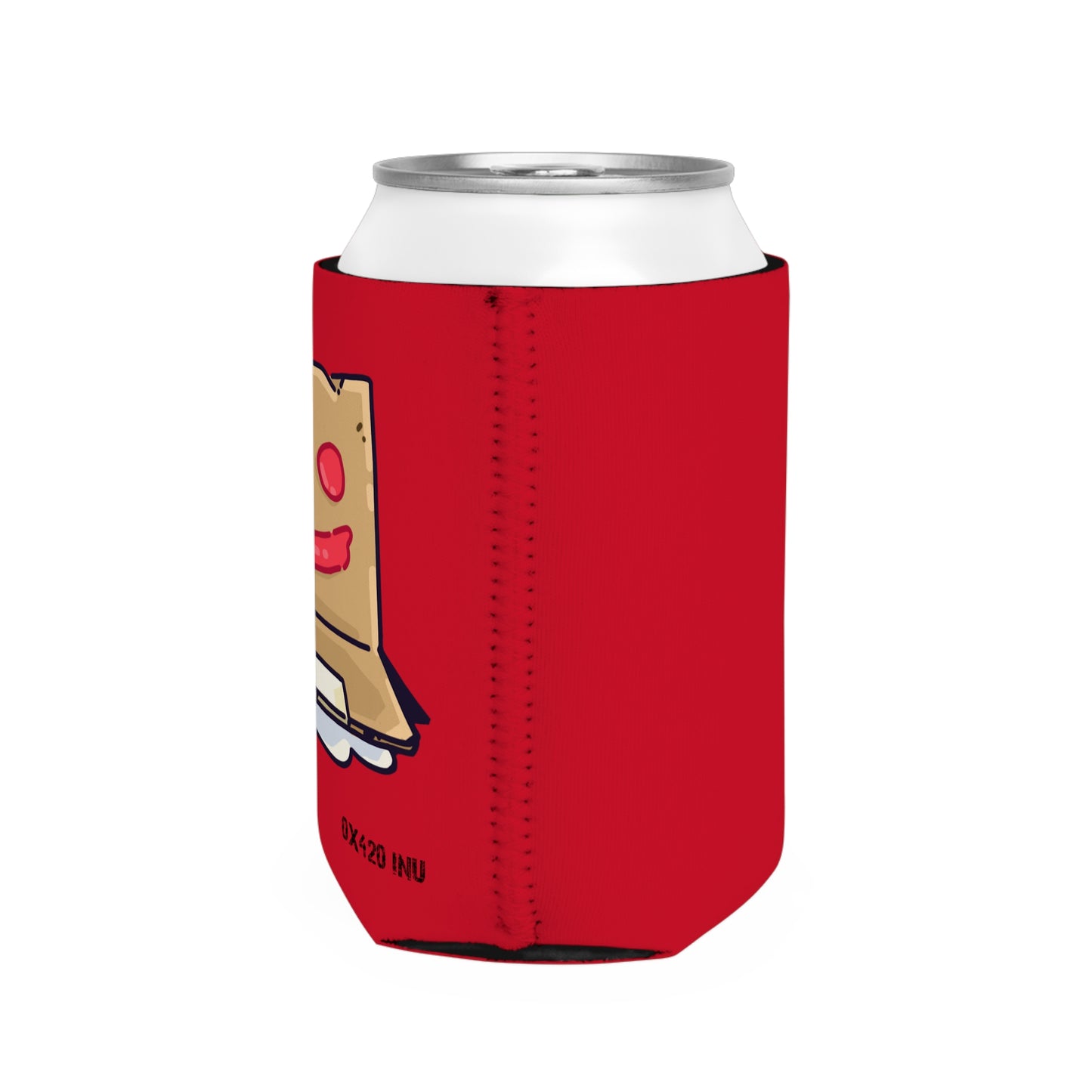 Red Can Cooler Sleeve Fan Art COQ INU Box Head 0x420 Black Text by Gravy