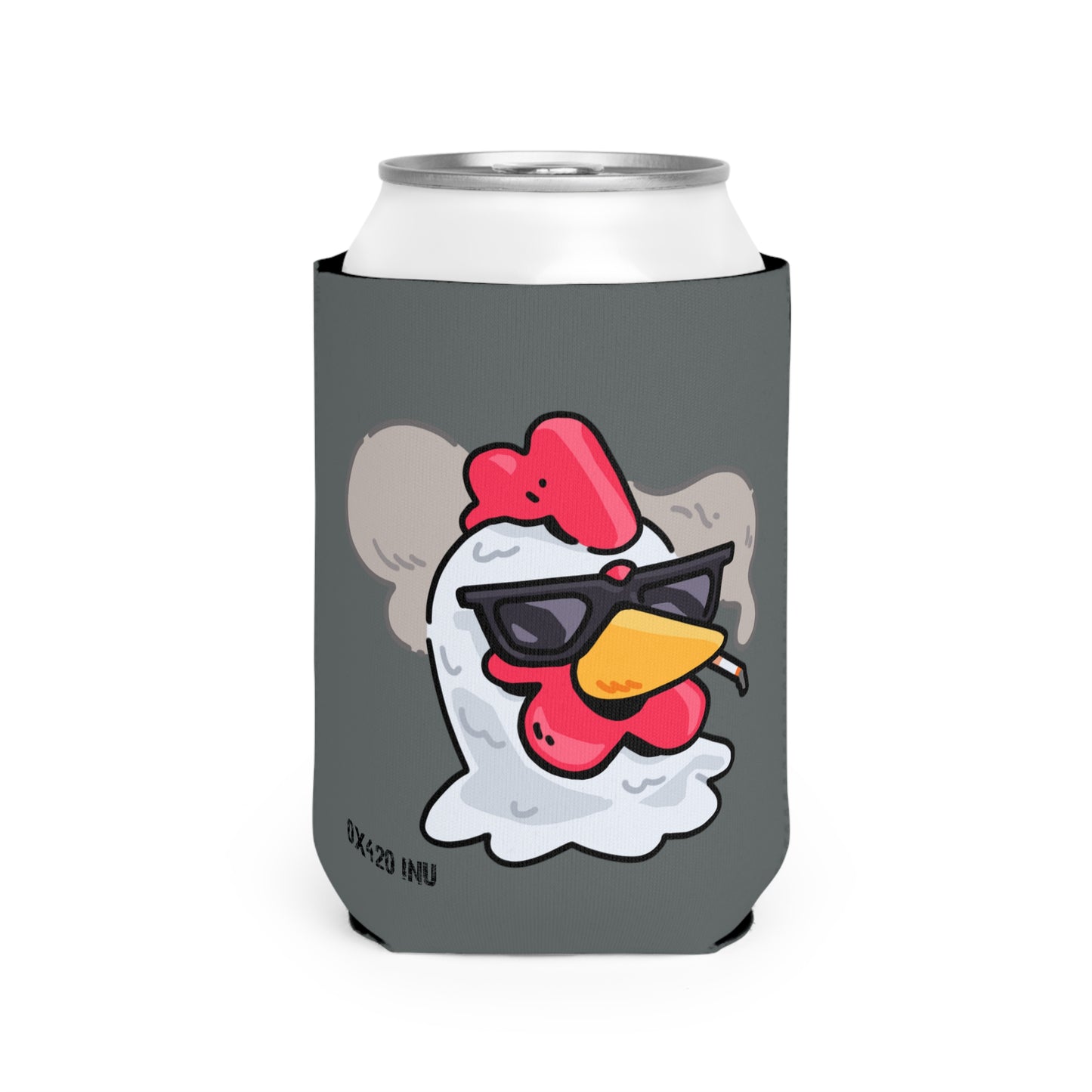 Dark Grey Can Cooler Sleeve Fan Art COQ INU Smoking Head 0x420 Black Text by Gravy