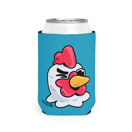 Turquoise Can Cooler Sleeve Fan Art COQ INU Wink Head 0x420 Black Text by Gravy