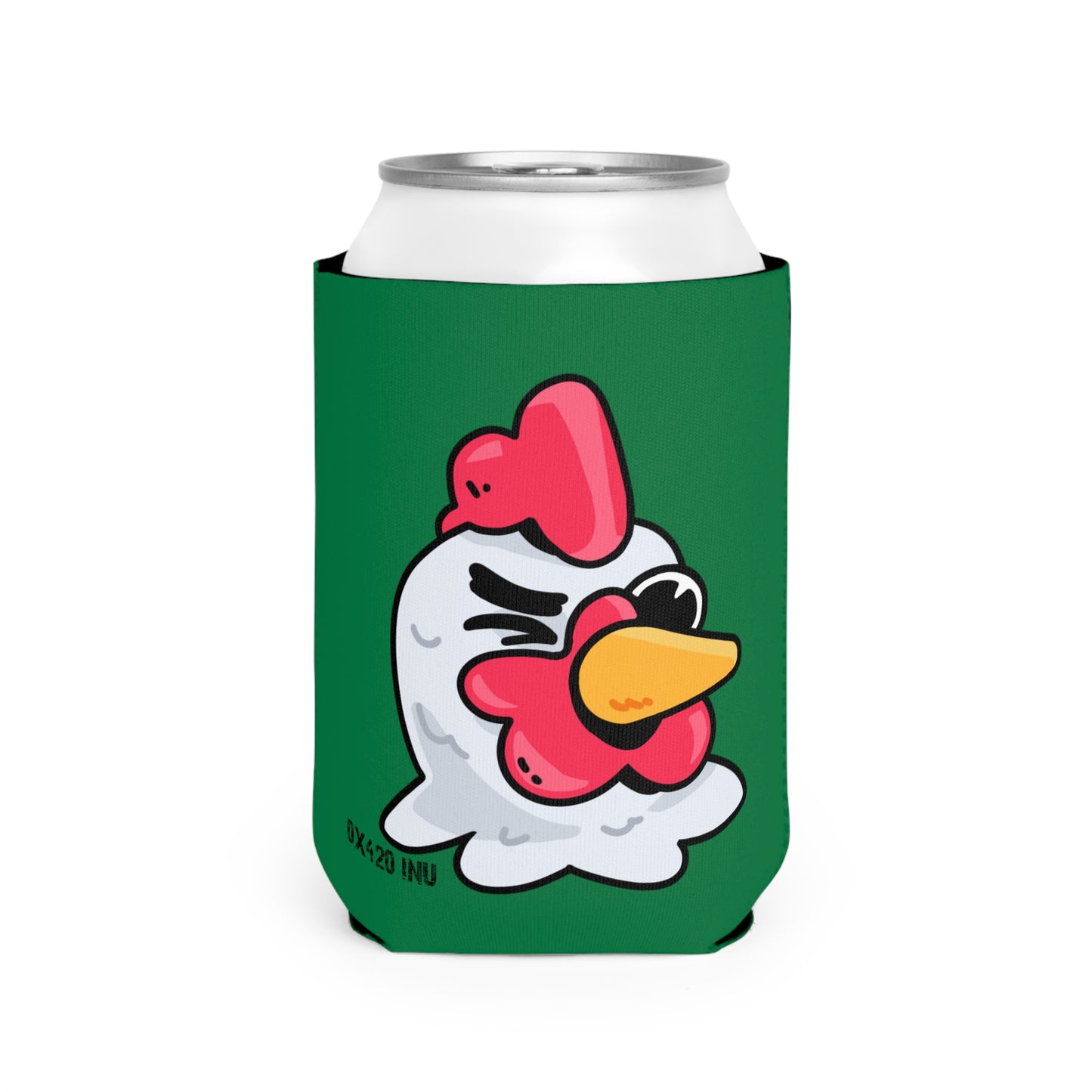 Dark Green Can Cooler Sleeve Fan Art COQ INU Wink Head 0x420 Black Text by Gravy