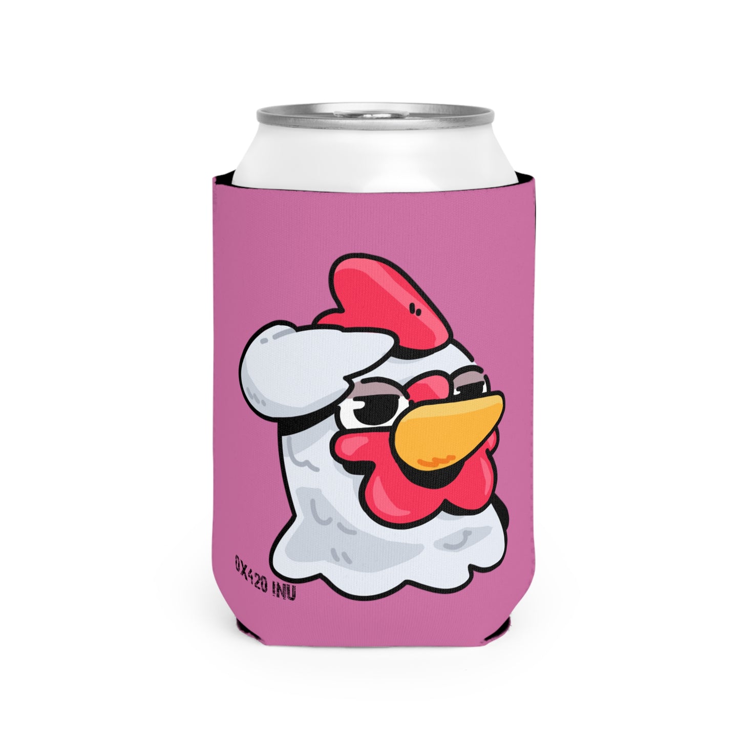 Light Pink Can Cooler Sleeve Fan Art COQ INU Salute Head 0x420 Black Text by Gravy