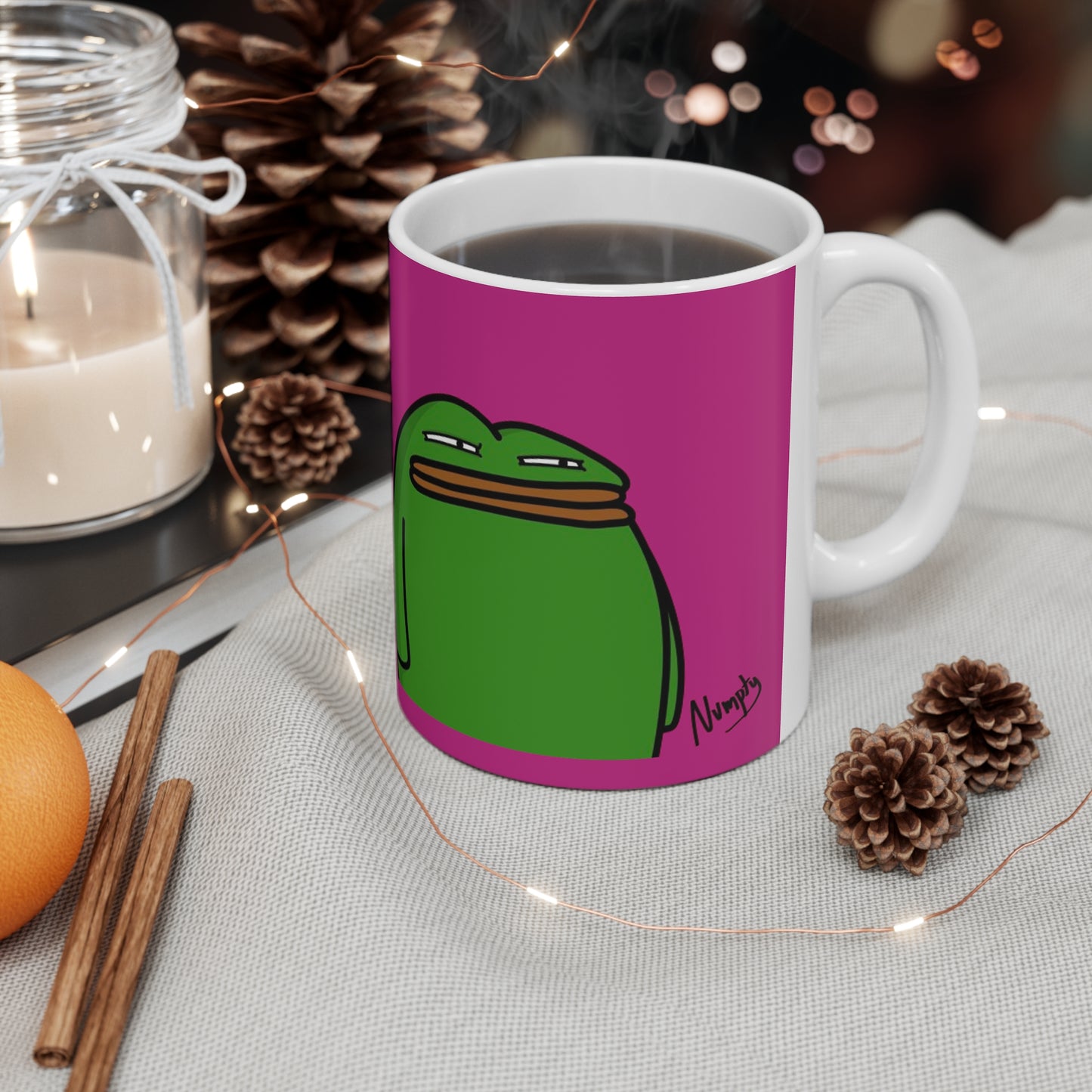 Pepe Portraits with Black Numpty Signature as Text; COQ INU 0x420 Hot Pink Print Ceramic Mug 11oz #14 by Numpty