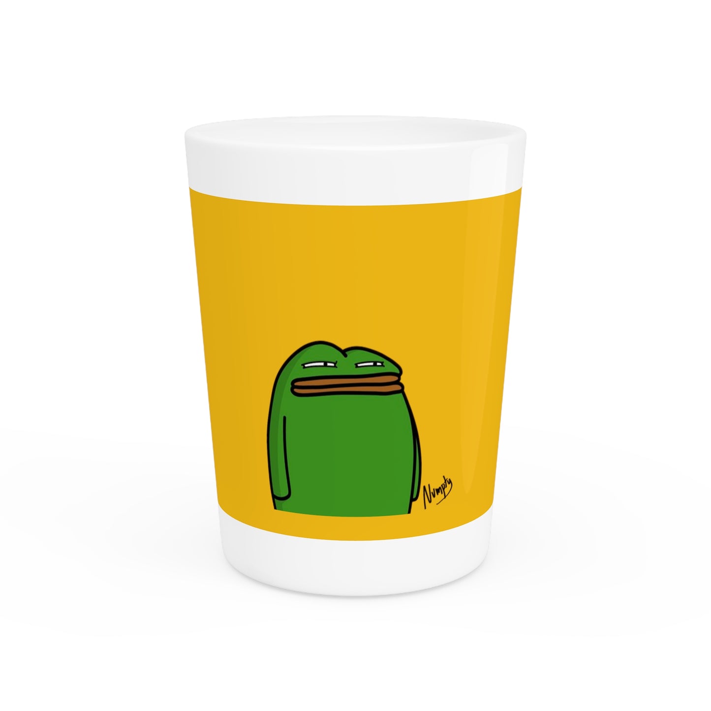 Pepe Portraits Shot Glass on Yellow background with Black Numpty Text as signature (0x420 INU Store) #14 by Numpty