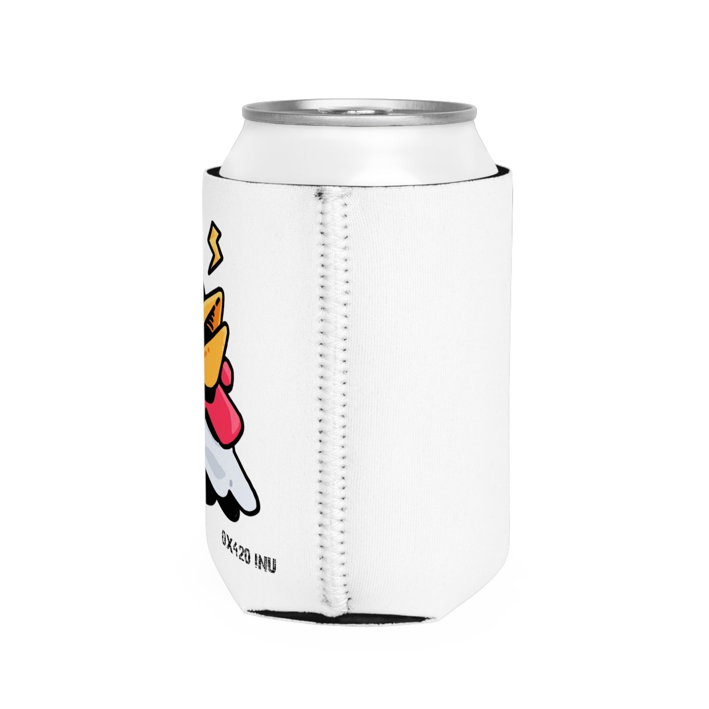 White Can Cooler Sleeve Fan Art COQ INU Whistle Head 0x420 Black Text by Gravy