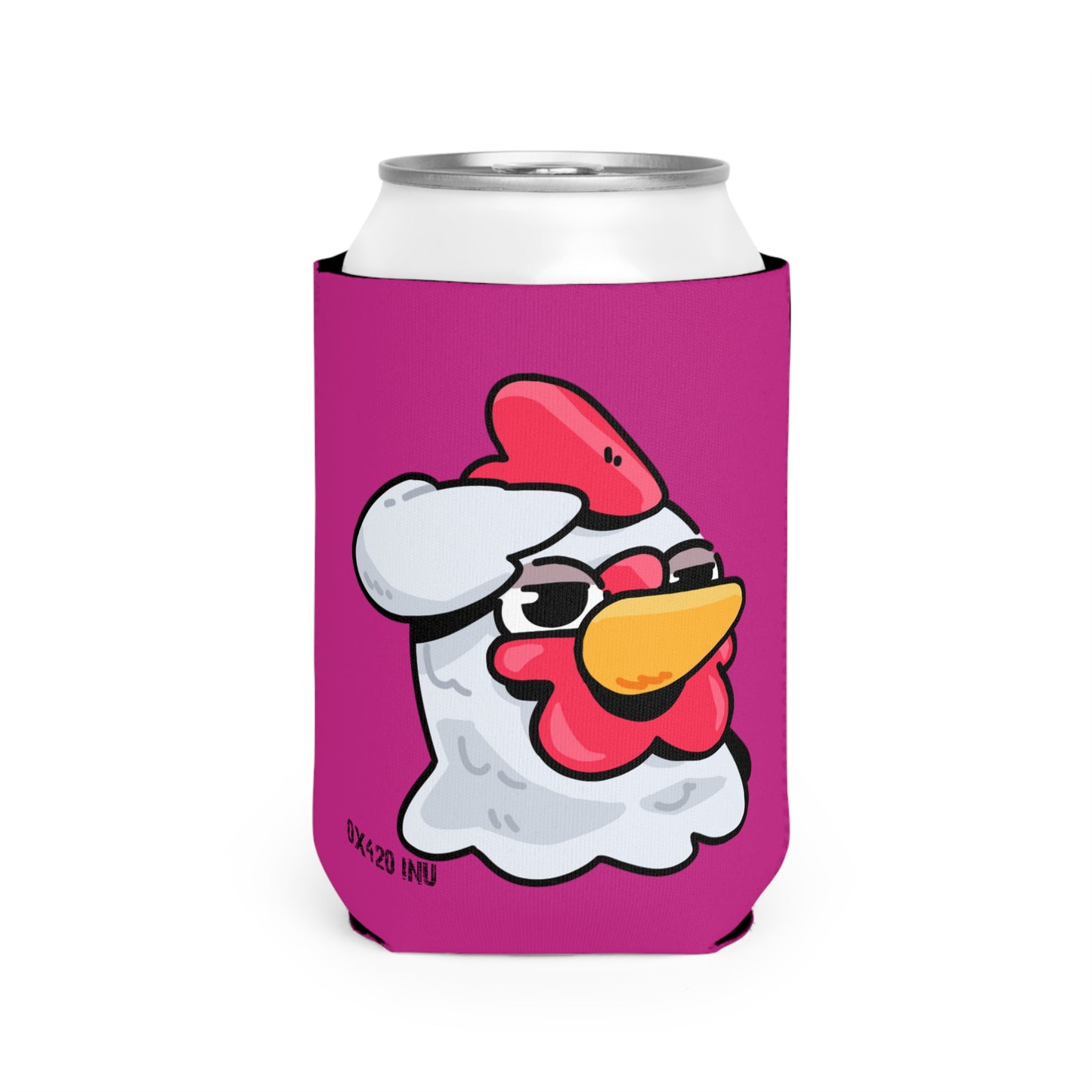 Hot Pink Can Cooler Sleeve Fan Art COQ INU Salute Head 0x420 Black Text by Gravy