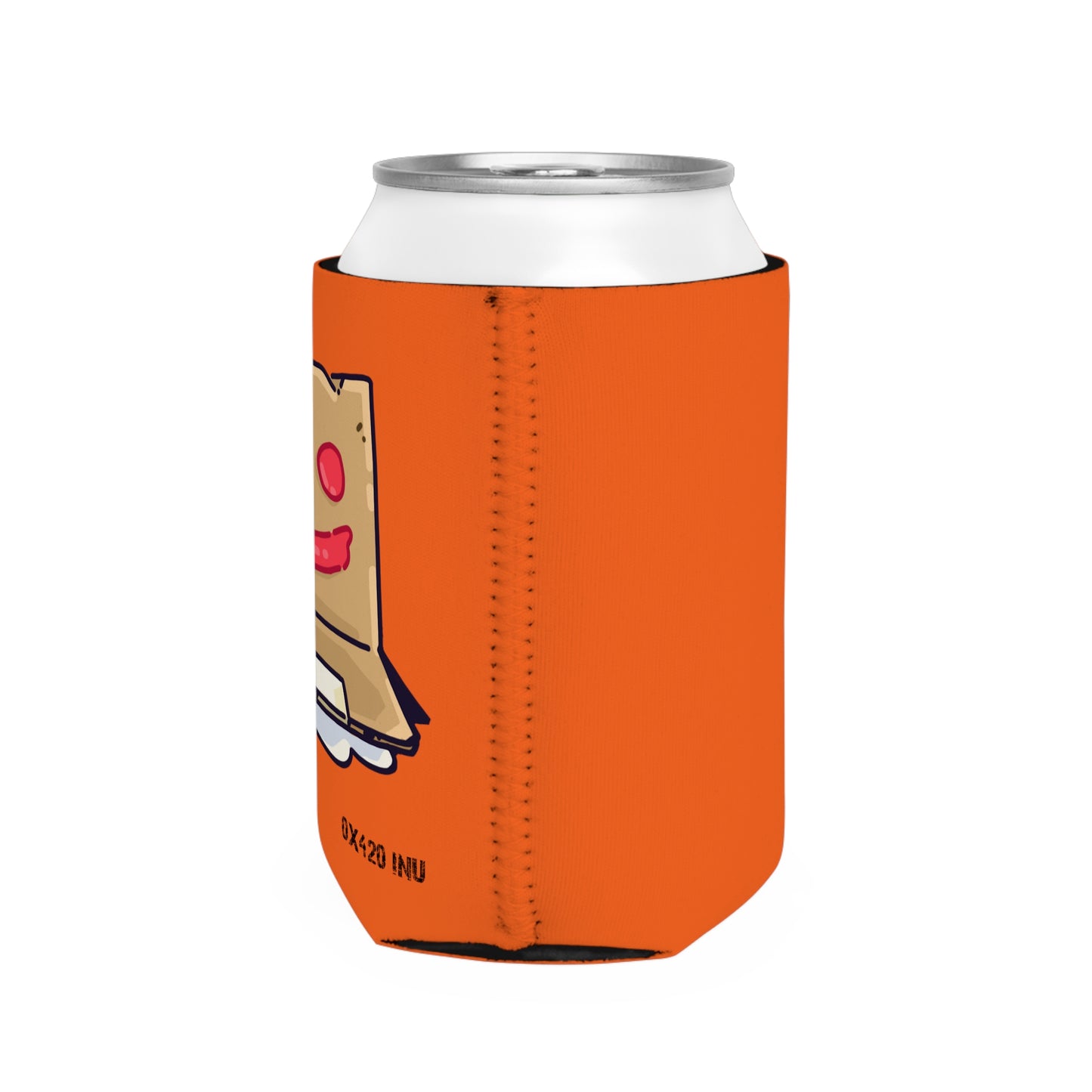 Orange Can Cooler Sleeve Fan Art COQ INU Box Head 0x420 Black Text by Gravy