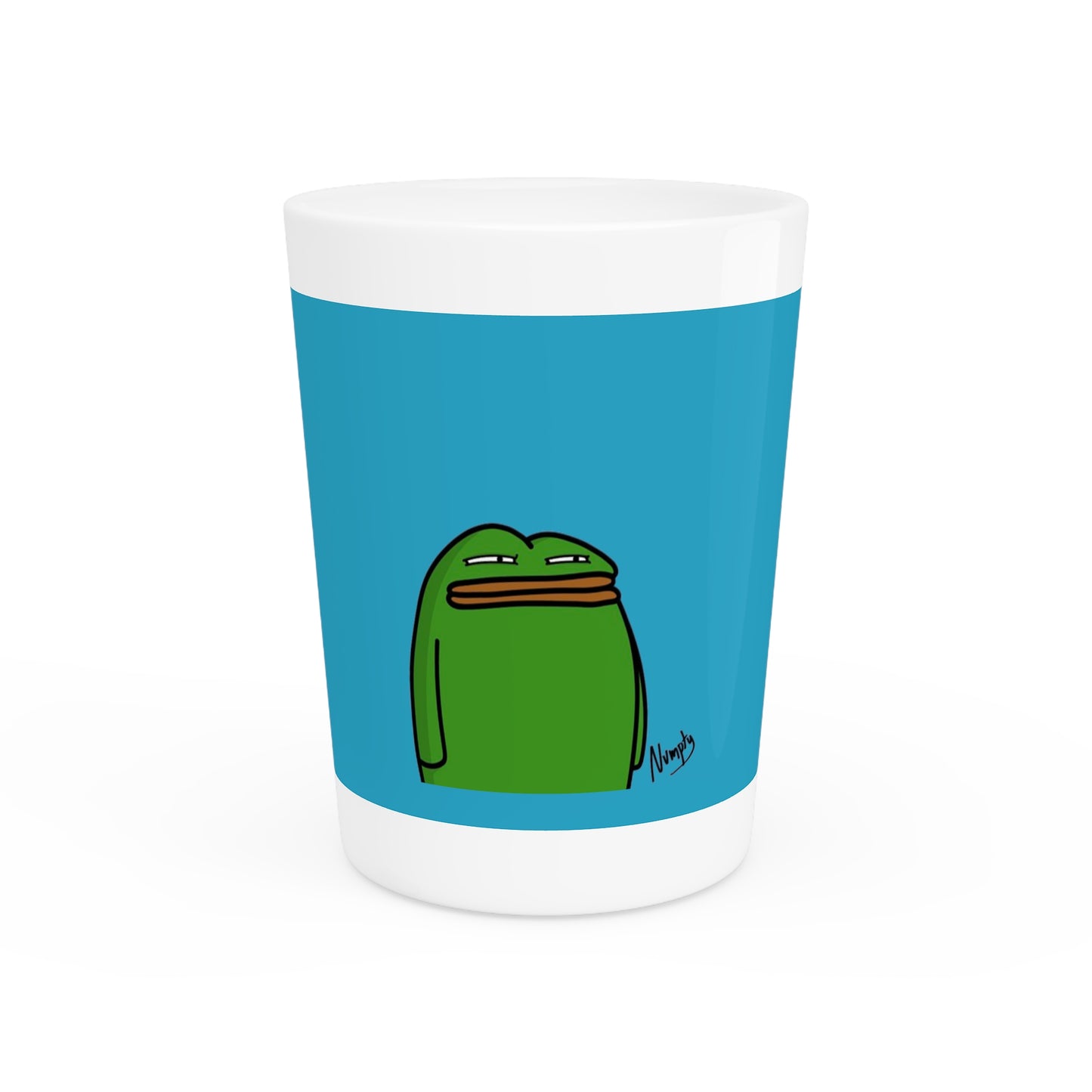 Pepe Portraits Shot Glass on Turquoise background with Black Numpty Text as signature (0x420 INU Store) #14 by Numpty