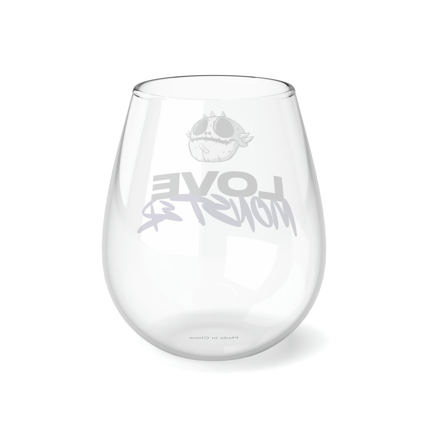 Love Monster Stemless Wine Glass, 11.75oz Logo Text with Skully Head